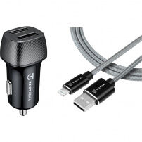 Tactical Field Plug Dual комплект зарядно за автомобил 12W 2x USB-A с USB-A / Lightning кабел - MFi за iPhone / iPad - 30 см - сива