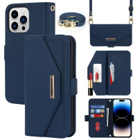 Флип кейс тип портфейл с каишка за iPhone 15 Pro Max - тъмно син