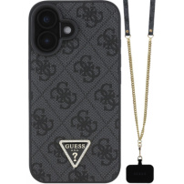 Guess 4G Страс триъгълен метален лого калъф с каишка за iPhone 16 - сив