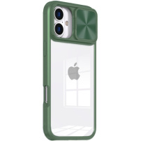 Кейс с плъзгащ се капак на обектива на камерата за iPhone 16 Plus - маслина