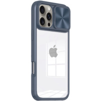 Кейс с плъзгащ се капак на обектива на камерата за iPhone 16 Pro - тъмно син