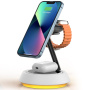 Wiwu W002 3-в-1 магнитен безжичен стенд със светлини за iPhone / Apple Watch / AirPods - 15W - бял