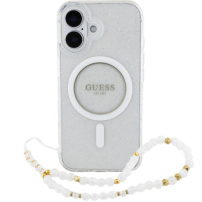 Guess IML Glitter Beads Strap Case with Loop и MagSafe за iPhone 16 - Сребрист