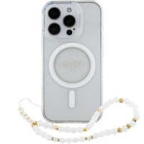 Guess IML Glitter Beads Strap Case with Loop и MagSafe за iPhone 16 Pro Max - сребрист