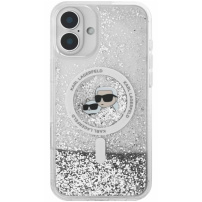 Karl Lagerfeld Liquid Glitter Karl and Choupette Heads Cover с MagSafe за iPhone 16 - Сребрист