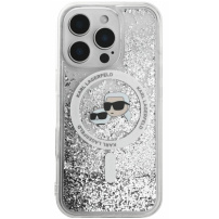 Karl Lagerfeld Liquid Glitter Karl and Choupette Heads Cover с MagSafe за iPhone 16 Pro - сребрист