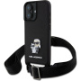 Karl Lagerfeld Метален калъф Saffiano Crossbody Karl and Choupette с регулируема каишка за iPhone 16 - Черен