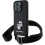Karl Lagerfeld Метален калъф Saffiano Crossbody Karl and Choupette с регулируема каишка за iPhone 16 Pro - Черен