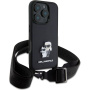 Karl Lagerfeld Метален калъф Saffiano Crossbody Karl and Choupette с регулируема каишка за iPhone 16 Pro - Черен
