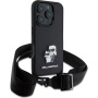Karl Lagerfeld Метален калъф Saffiano Crossbody Karl and Choupette с регулируема каишка за iPhone 16 Pro Max - Черен