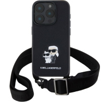 Karl Lagerfeld Метален калъф Saffiano Crossbody Karl and Choupette с регулируема каишка за iPhone 16 Pro Max - Черен