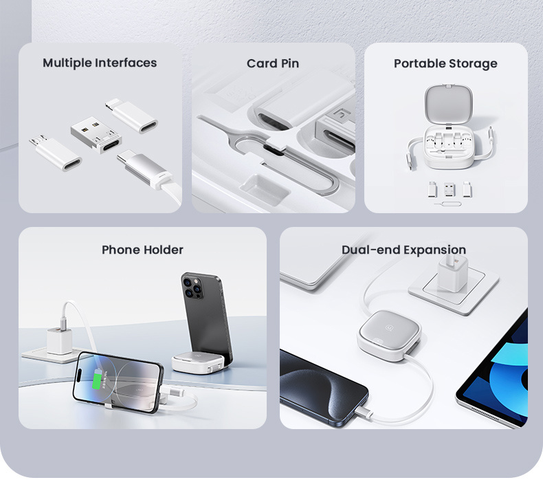 USAMS Комплект US-SJ650 с прибиращи се USB-C кабели, адаптери и игла - лилав