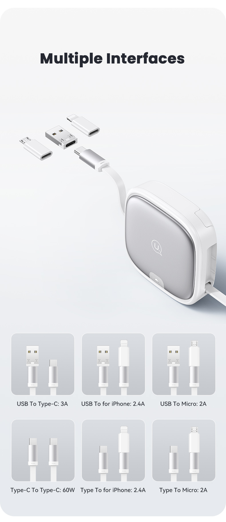USAMS Комплект US-SJ650 с прибиращи се USB-C кабели, адаптери и игла - лилав