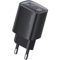 USAMS CC229 адаптер за бързо зареждане с дисплей и портове USB-C / USB-A - 30W - черен