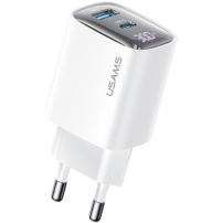 USAMS CC229 адаптер за бързо зареждане с дисплей и портове USB-C / USB-A - 30W - бял