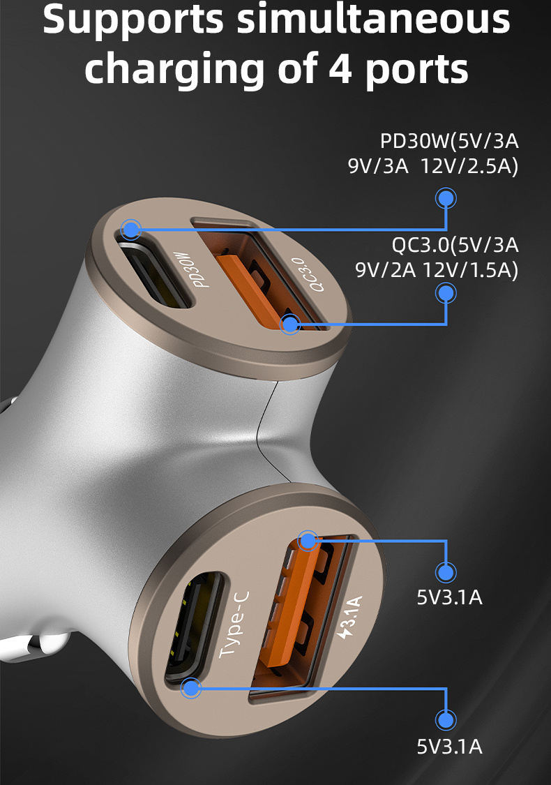 A2 Автомобилно зарядно устройство с Y-образна форма с 2x USB-C / 2x USB-A порта - 78W - сребристо