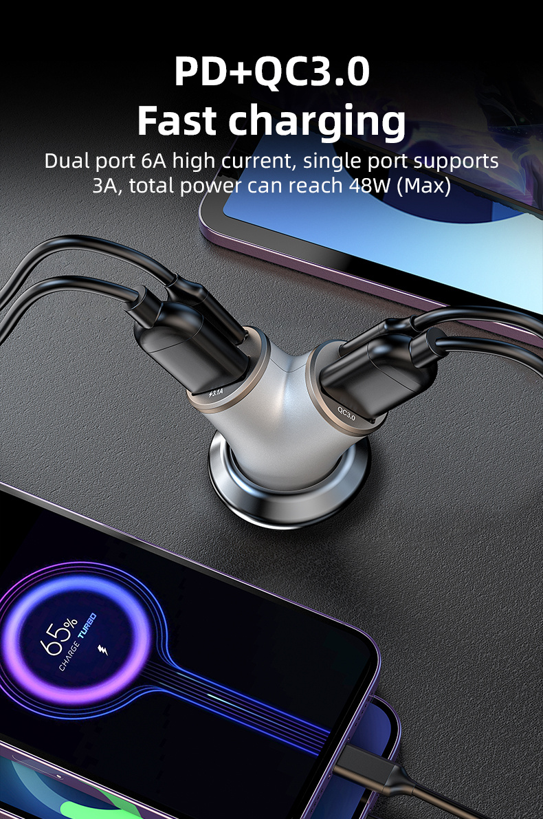 A2 Автомобилно зарядно устройство с Y-образна форма с 2x USB-C / 2x USB-A порта - 78W - сребристо