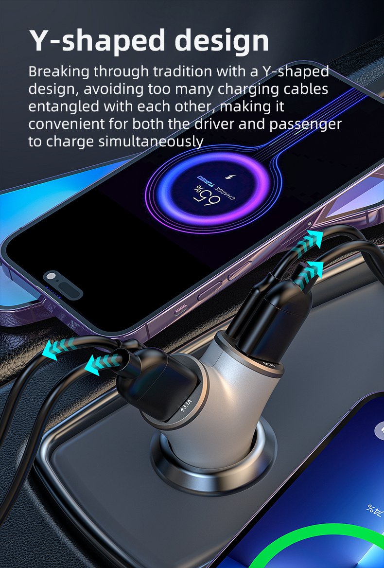 A2 Автомобилно зарядно устройство с Y-образна форма с 2x USB-C / 2x USB-A порта - 78W - сребристо