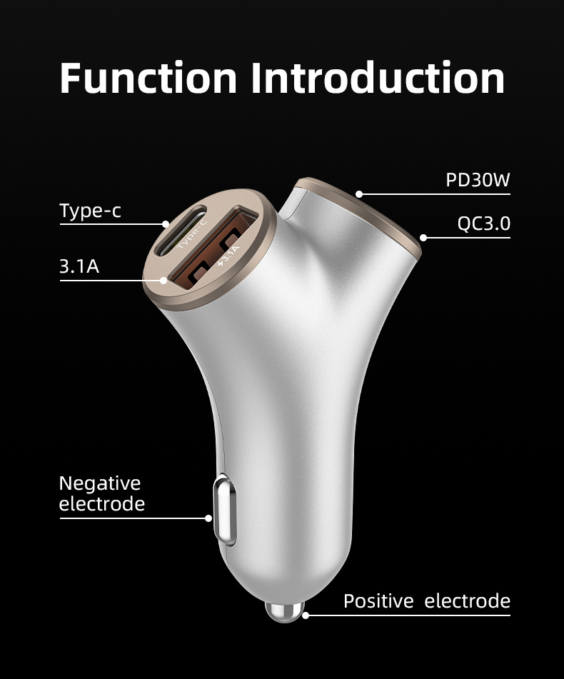 A2 Автомобилно зарядно устройство с Y-образна форма с 2x USB-C / 2x USB-A порта - 78W - сребристо