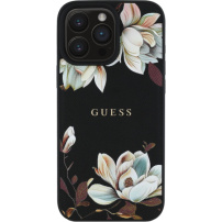 Guess Grained Magnolia Flower Pattern Case и MagSafe за iPhone 16 Pro - черен