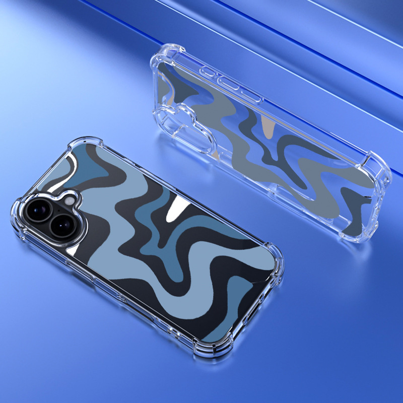 Кейс с абстрактна шарка на вълни и подсилени ъгли за iPhone 16 - кафяв