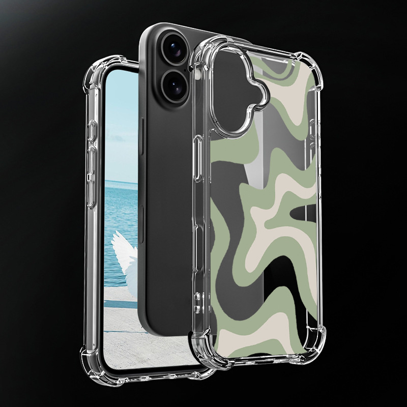 Кейс с абстрактен вълнообразен модел и подсилени ъгли за iPhone 16 Plus - зелен
