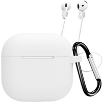 Силиконов калъф с карабинер и връзка против изгубване за AirPods 4 / 5 - бял