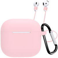 Силиконов калъф с карабинер и връзка против изгубване за AirPods 4 / 5 - светлорозов