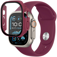 Силиконова каишка с корпус от закалено стъкло за Apple Часовник Ultra 49mm - бордо