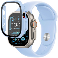 Силиконова каишка с корпус от закалено стъкло за Apple Часовник Ultra 49mm - светло син