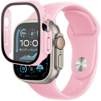 Силиконова каишка с корпус от закалено стъкло за Apple Часовник Ultra 49mm - розов