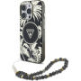Калъф Guess IML Palm Trees Triangle Logo Pearl Strap с каишка и MagSafe за iPhone 16 Pro - черен