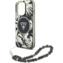 Калъф Guess IML Palm Trees Triangle Logo Pearl Strap с каишка и MagSafe за iPhone 16 Pro - черен