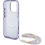 Калъф Guess IML Palm Trees Triangle Logo Pearl Strap с връзка и MagSafe за iPhone 16 Pro - лилав