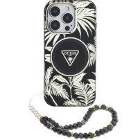 Калъф Guess IML Palm Trees Triangle Logo Pearl Strap с каишка и MagSafe за iPhone 16 Pro - черен