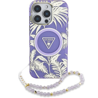 Калъф Guess IML Palm Trees Triangle Logo Pearl Strap с връзка и MagSafe за iPhone 16 Pro - лилав
