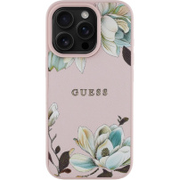 Калъф Guess Grained Magnolia с флорален мотив и MagSafe за iPhone 16 Pro - розов