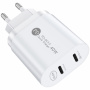 Адаптер за бързо зареждане 40W с дуален порт PD USB-C / QC USB-C за iPhone / iPad - бял
