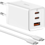 Baseus GaN5 Pro комплект за бързо зареждане с адаптер с 2x USB-C / USB-A порта и USB-C към USB-C кабел - 65W - 1 m - бял
