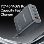 Yesido YC143 GaN бързозареждащ адаптер с 3x USB-C / USB-A порта - 140W - тъмно сив