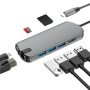 FX-1916 8-в-1 хъб - слот за SD / TF карта / RJ45 / HDMI / USB-C / 3x USB-A към USB-C - сив