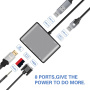 FX-1815B 8-в-1 хъб - слот за TF карта / HDMI / VGA / 3,5 mm жак / USB-C / 3x USB-A към USB-C за MacBook - сив