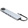 BYL-2017L 8в1 хъб - слот за SD / TF карта / RJ45 / HDMI / 2x USB-C / 2x USB-A към USB-C - сив