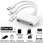 NK-1032 Pro 5в1 редуктор с четец за карти - слот за SD / TF карта / Lightning / 2x USB-A към USB-C / Lightning / USB-A - бял