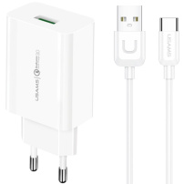 USAMS T48 комплект адаптер с USB-A порт и USB-A към USB-C кабел - 18W - 1 m - бял