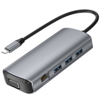 11-в-1 хъб - слот за SD/TF карта / RJ45 / HDMI / VGA / 3,5 mm жак / USB-C / 4x USB-A към USB-C за MacBook - сив