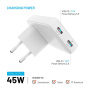 FIXED Slim Traveller GaN универсален адаптер за пътуване с портове 2x USB-C и щепсели - 45W - бял