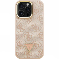 Guess 4G Strass Triangle Logo калъф със сгъваема стойка и MagSafe за iPhone 16 Pro Max - розов