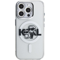 Karl Lagerfeld IML Glitter Karl and Choupette Sketch třpytiv kryt s MagSafe за iPhone 15 Pro Max - сребърен