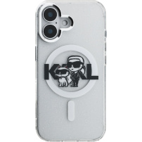 Karl Lagerfeld IML Glitter Karl and Choupette Sketch блестящ калъф с MagSafe за iPhone 16 - сребърен